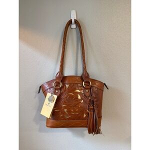 Patricia Nash Leather Shoulder Bag Women Medium Tan Gold Tooled Floral Tassel